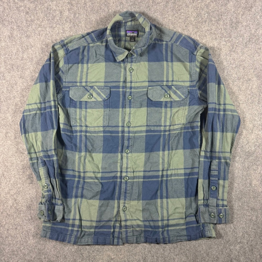 Patagonia Shirt Mens L Blue Green Fjord Flannel Plaid Organic Cotton 42400 FA22
